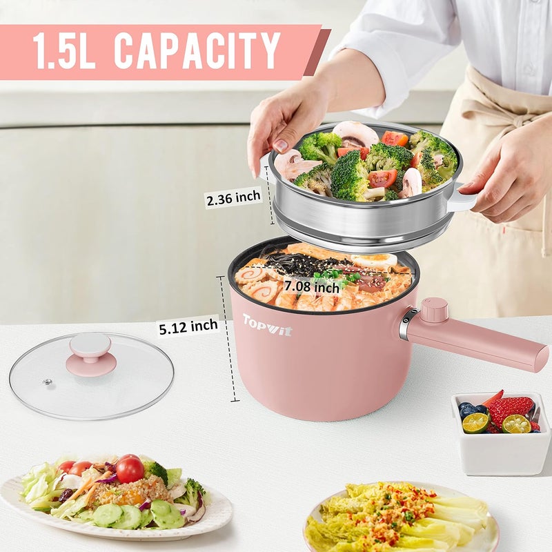 TopWit Hot Pot Electric with Steamer, 1.5L Ramen Cooker, Non-Stick Sauté Pan, Portable Cooking Pot, Electric Cooker with Dual Power Control, BPA Free, Over-Heating & Boil Dry Protection, Pink - Image 3